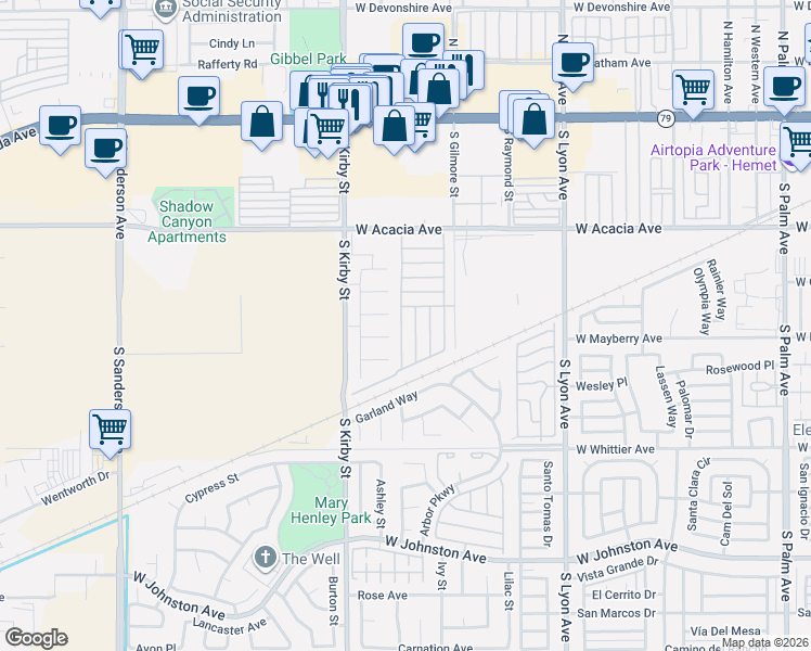 map of restaurants, bars, coffee shops, grocery stores, and more near 2311 Carlsbad Circle in Hemet