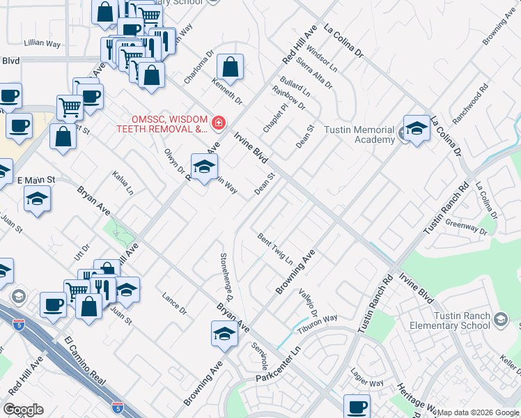 map of restaurants, bars, coffee shops, grocery stores, and more near 13122 Dean Street in Tustin