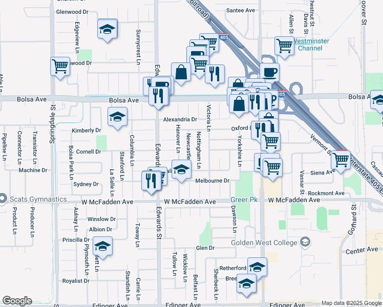 map of restaurants, bars, coffee shops, grocery stores, and more near 15231 Nottingham Lane in Huntington Beach