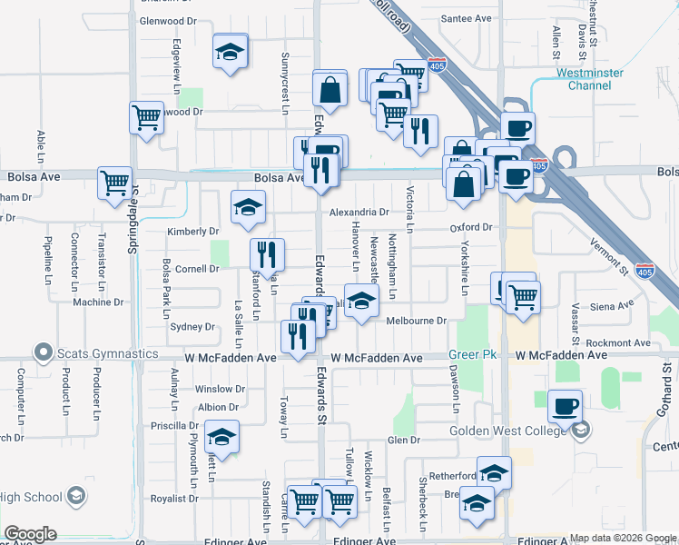 map of restaurants, bars, coffee shops, grocery stores, and more near 6571 Rome Circle in Huntington Beach