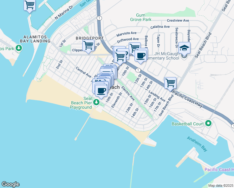 map of restaurants, bars, coffee shops, grocery stores, and more near 147 10th Street in Seal Beach