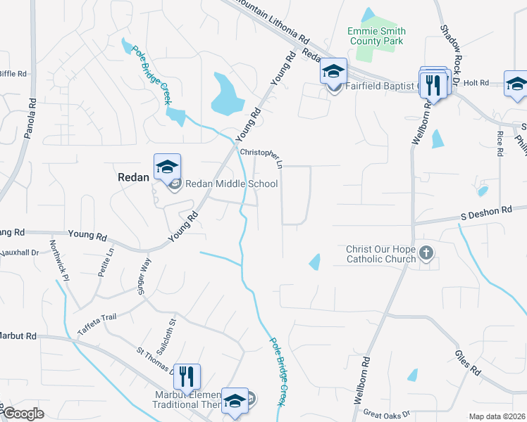map of restaurants, bars, coffee shops, grocery stores, and more near 1700 Tree Line Road in Lithonia