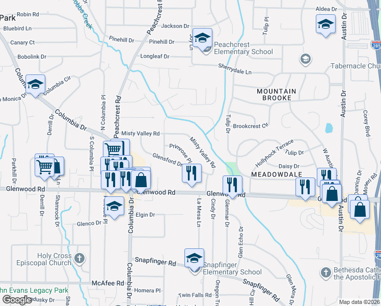 map of restaurants, bars, coffee shops, grocery stores, and more near 3460 Primrose Place in Decatur