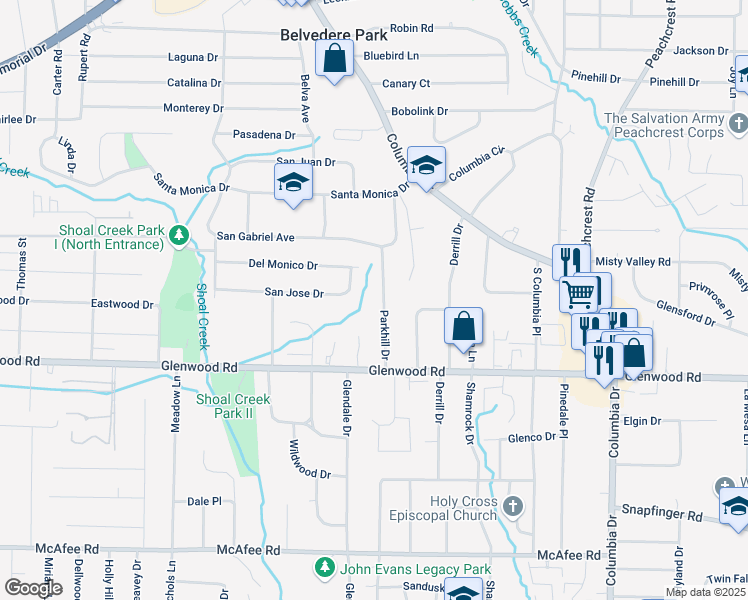 map of restaurants, bars, coffee shops, grocery stores, and more near 1747 Parkhill Drive in Decatur