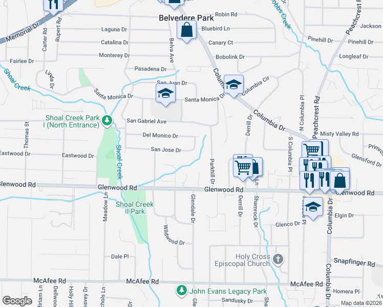 map of restaurants, bars, coffee shops, grocery stores, and more near 3084 San Jose Drive in Decatur