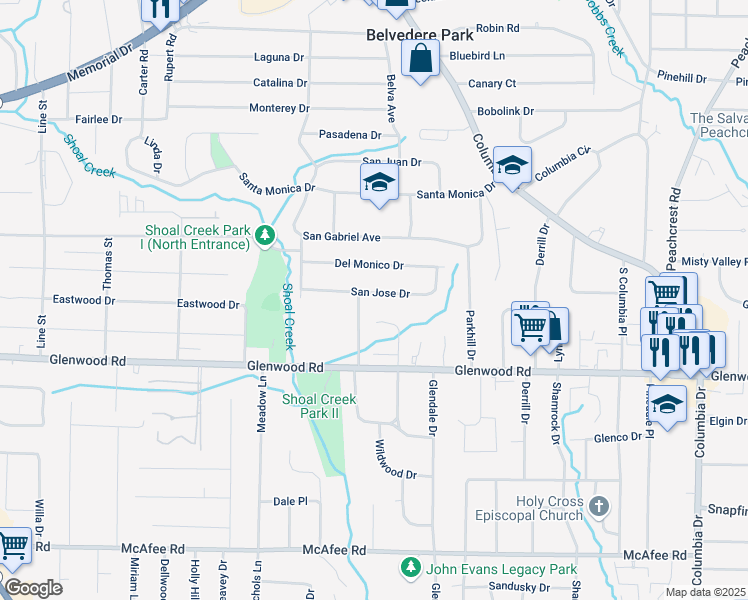 map of restaurants, bars, coffee shops, grocery stores, and more near 3031 San Jose Drive in Decatur