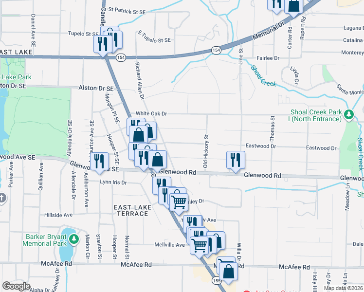 map of restaurants, bars, coffee shops, grocery stores, and more near 2561 Eastwood Drive in Decatur