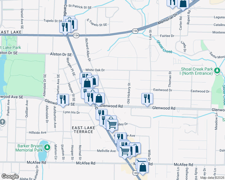 map of restaurants, bars, coffee shops, grocery stores, and more near 2557 Eastwood Drive in Decatur