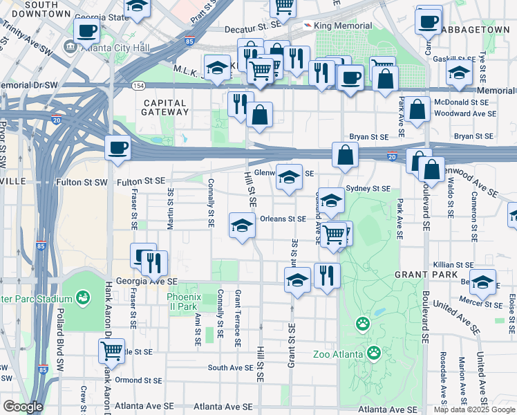 map of restaurants, bars, coffee shops, grocery stores, and more near 518 Hill Street Southeast in Atlanta