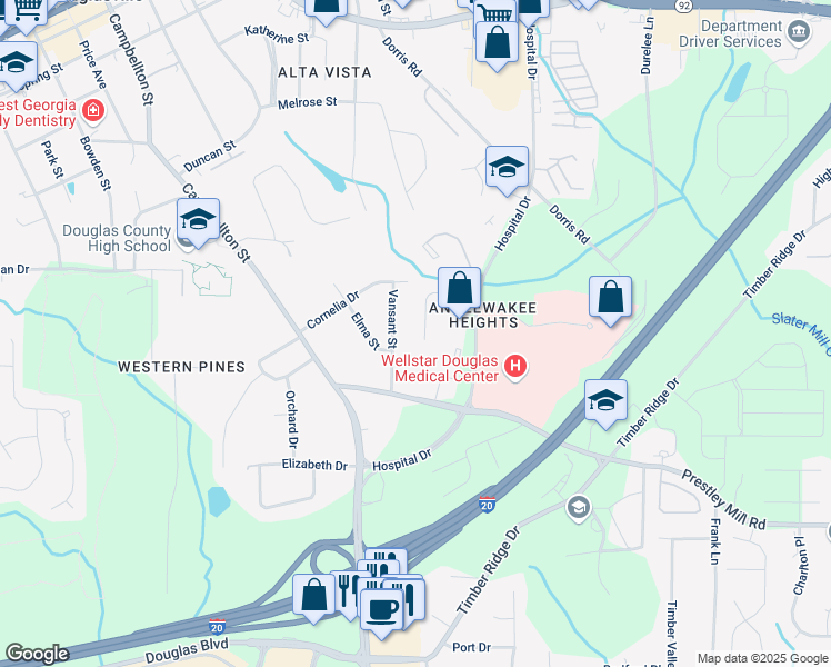 map of restaurants, bars, coffee shops, grocery stores, and more near 6210 Douglas Manor Court in Douglasville