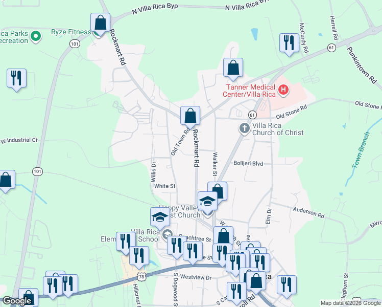 map of restaurants, bars, coffee shops, grocery stores, and more near 402 Rockmart Road in Villa Rica