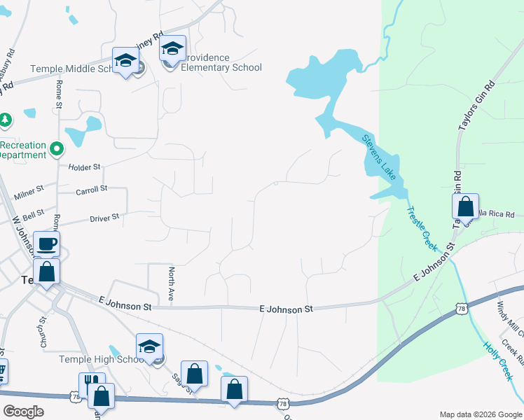 map of restaurants, bars, coffee shops, grocery stores, and more near 187 Ivey Lake Parkway in Temple