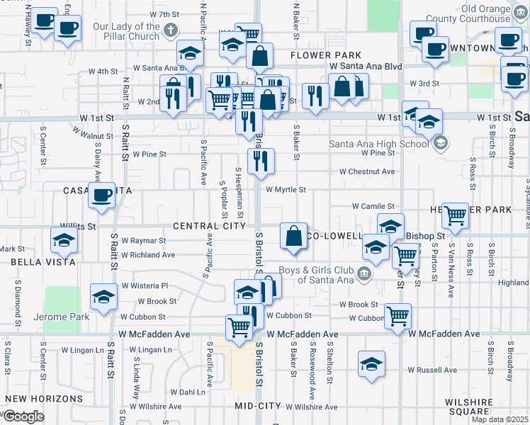 map of restaurants, bars, coffee shops, grocery stores, and more near 1250 West Camile Street in Santa Ana