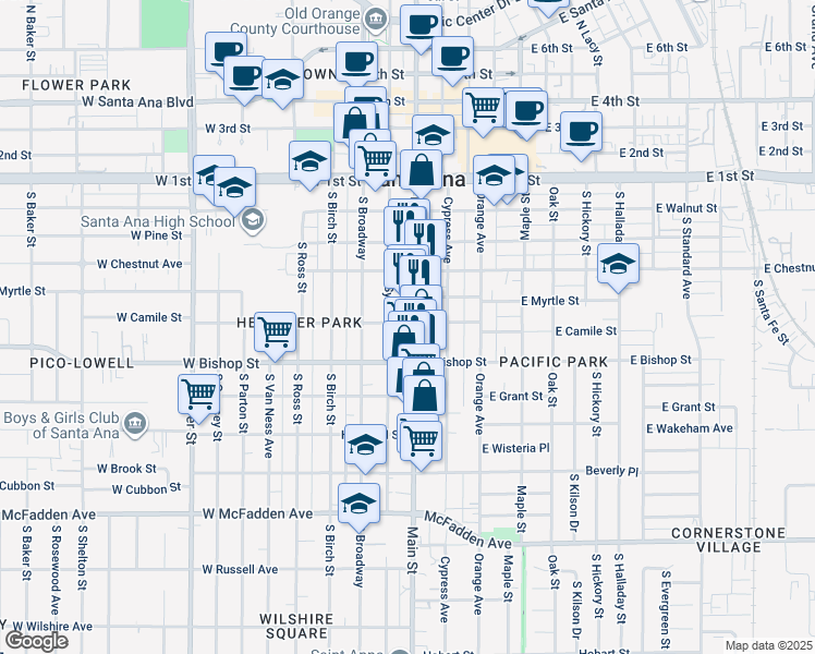 map of restaurants, bars, coffee shops, grocery stores, and more near 437 South Sycamore Street in Santa Ana
