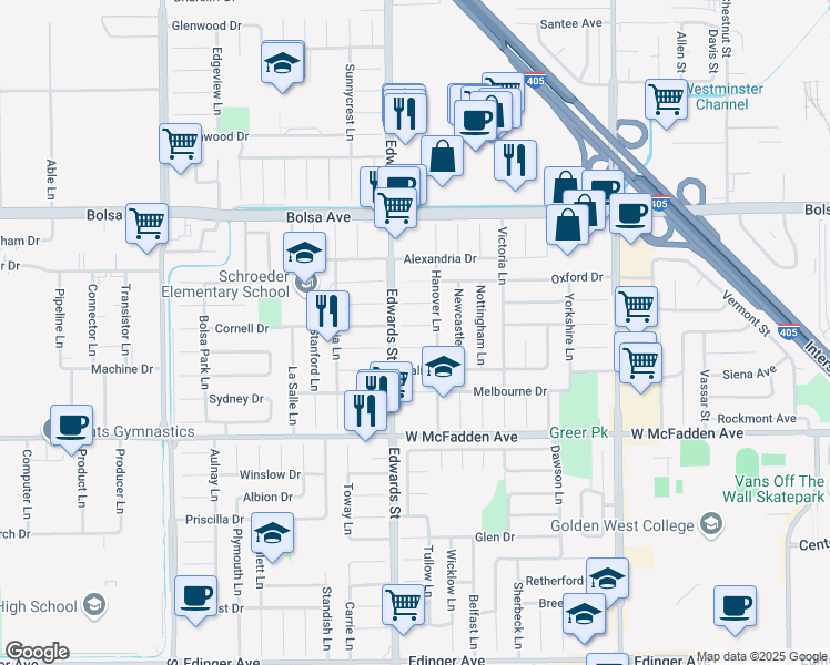 map of restaurants, bars, coffee shops, grocery stores, and more near 6532 Rome Circle in Huntington Beach