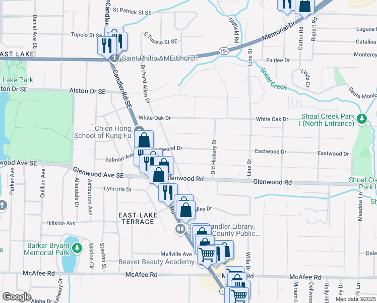 map of restaurants, bars, coffee shops, grocery stores, and more near 2561 Eastwood Drive in Decatur