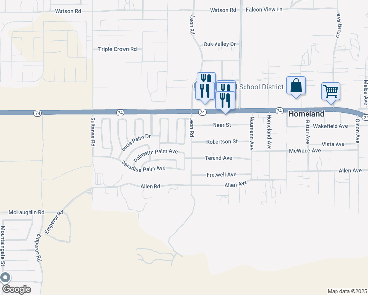 map of restaurants, bars, coffee shops, grocery stores, and more near 30915 Silver Palm Drive in Homeland