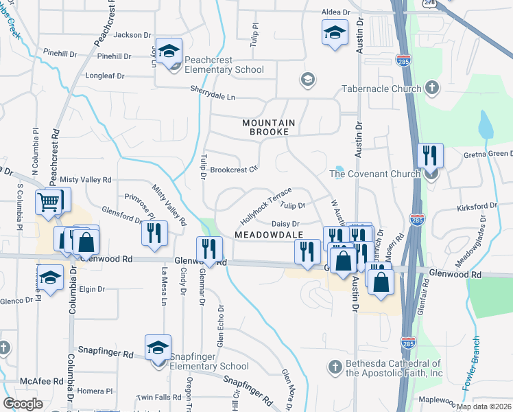 map of restaurants, bars, coffee shops, grocery stores, and more near 1717 Hollyhock Terrace in Decatur