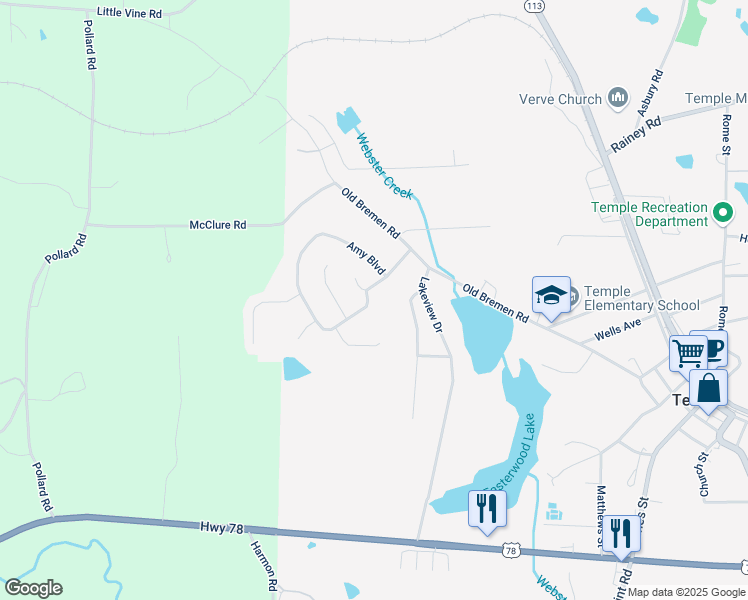 map of restaurants, bars, coffee shops, grocery stores, and more near 100 Lydia Court in Temple
