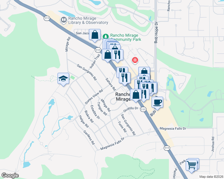 map of restaurants, bars, coffee shops, grocery stores, and more near 42278 Dunes View Road in Rancho Mirage
