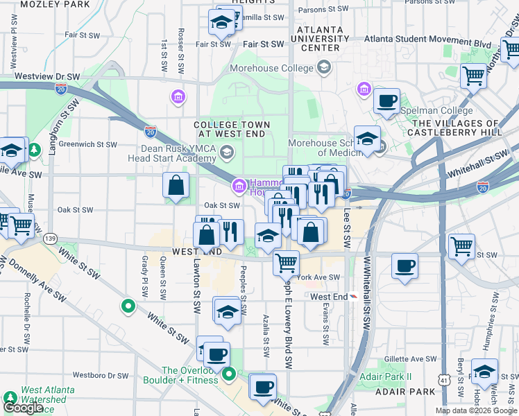 map of restaurants, bars, coffee shops, grocery stores, and more near 973 Oak St SW in Atlanta
