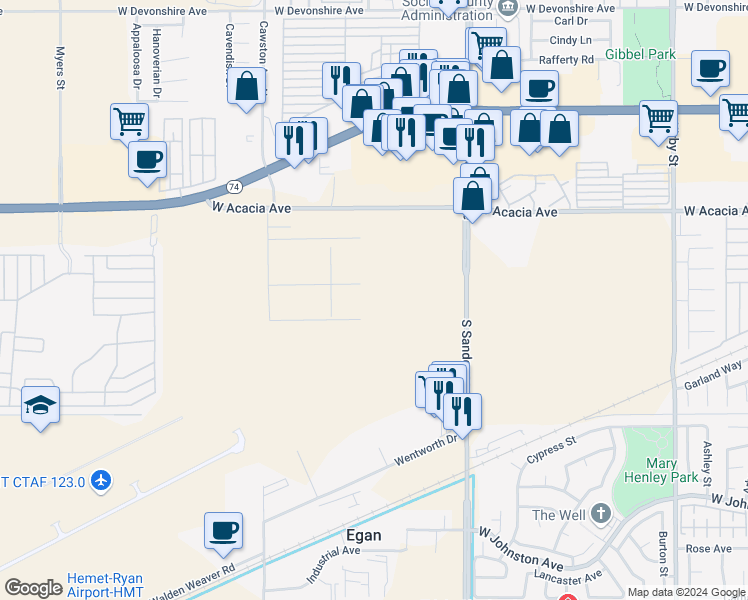 map of restaurants, bars, coffee shops, grocery stores, and more near 3601 West Acacia Avenue in Hemet