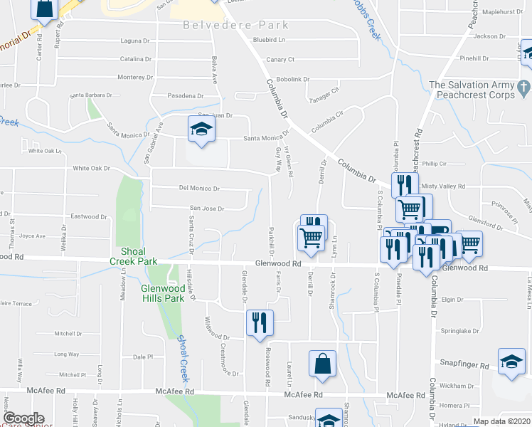 map of restaurants, bars, coffee shops, grocery stores, and more near 1747 Parkhill Drive in Decatur