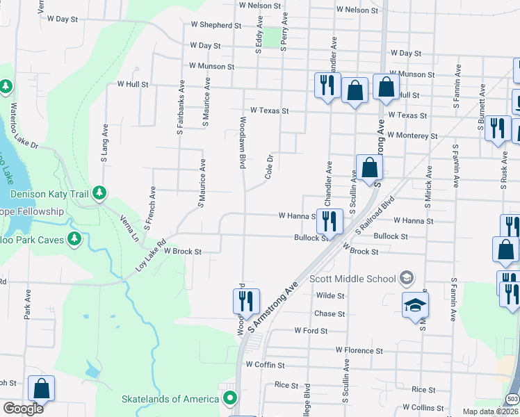 map of restaurants, bars, coffee shops, grocery stores, and more near 1225 West Hanna Street in Denison
