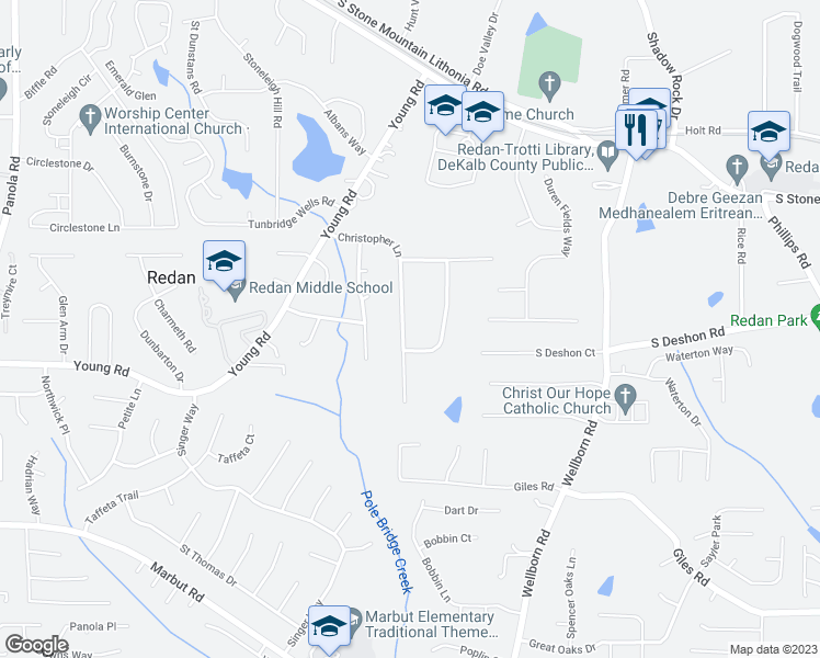 map of restaurants, bars, coffee shops, grocery stores, and more near 5912 Christopher Lane in Lithonia