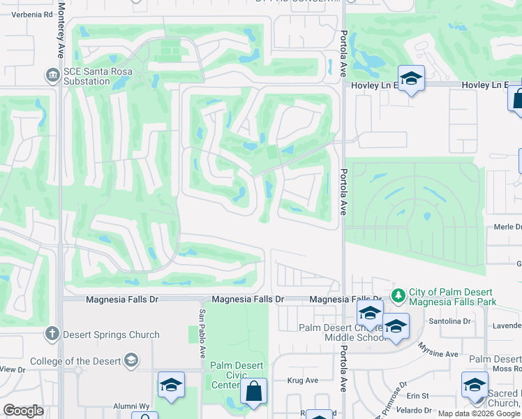 map of restaurants, bars, coffee shops, grocery stores, and more near 61 Conejo Circle in Palm Desert