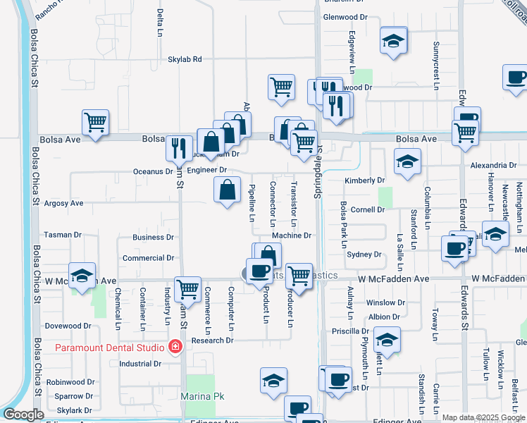 map of restaurants, bars, coffee shops, grocery stores, and more near 15201-15221 Connector Lane in Huntington Beach