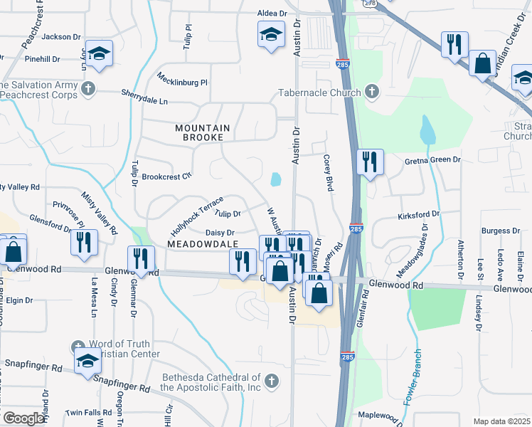 map of restaurants, bars, coffee shops, grocery stores, and more near 1770 West Austin Road in Decatur