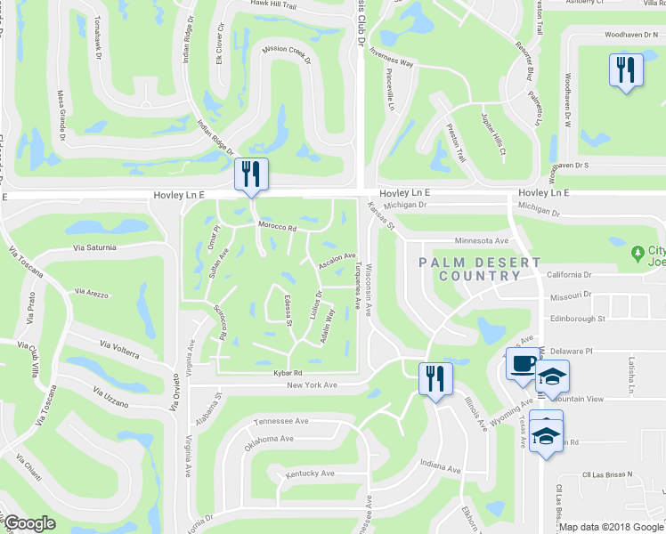 map of restaurants, bars, coffee shops, grocery stores, and more near 76911 Ascalon Avenue in Palm Desert