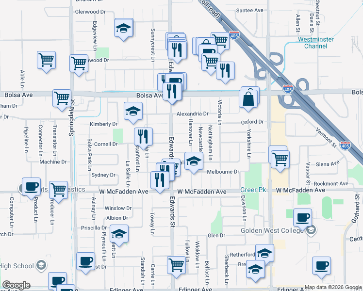 map of restaurants, bars, coffee shops, grocery stores, and more near 6532 Rome Circle in Huntington Beach