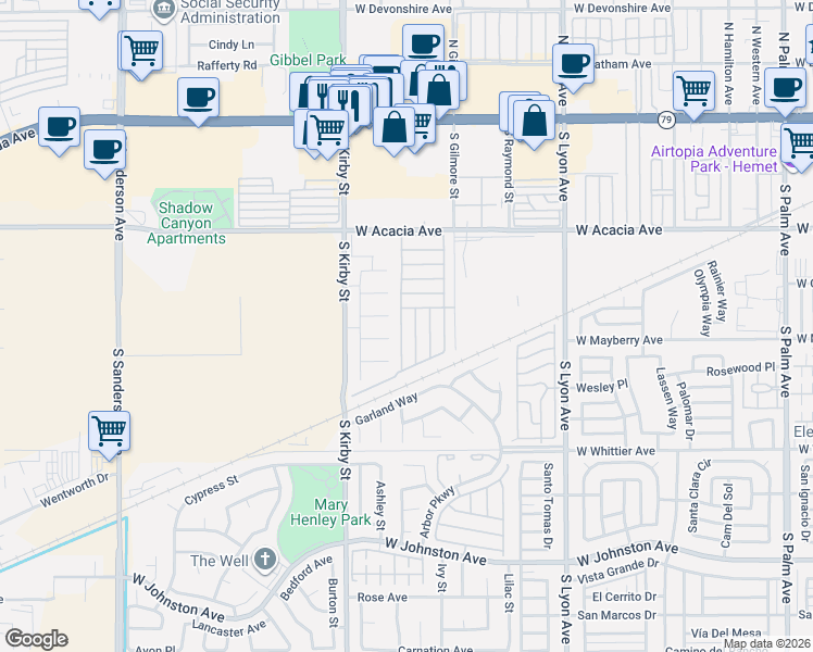 map of restaurants, bars, coffee shops, grocery stores, and more near 2205 West Acacia Avenue in Hemet