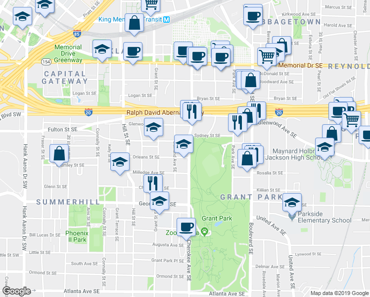map of restaurants, bars, coffee shops, grocery stores, and more near 511 Cherokee Avenue Southeast in Atlanta