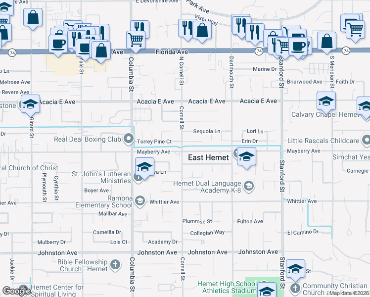 map of restaurants, bars, coffee shops, grocery stores, and more near 41272 Mayberry Avenue in Hemet