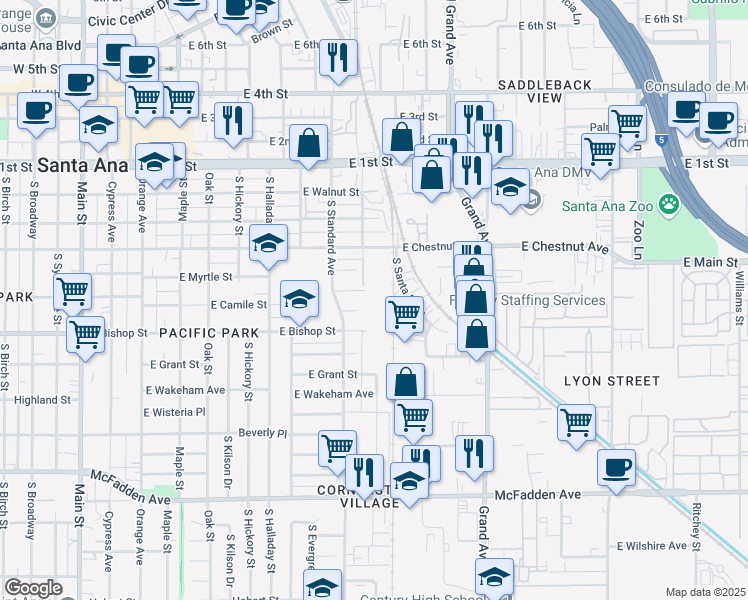 map of restaurants, bars, coffee shops, grocery stores, and more near 1001 East Camile Street in Santa Ana