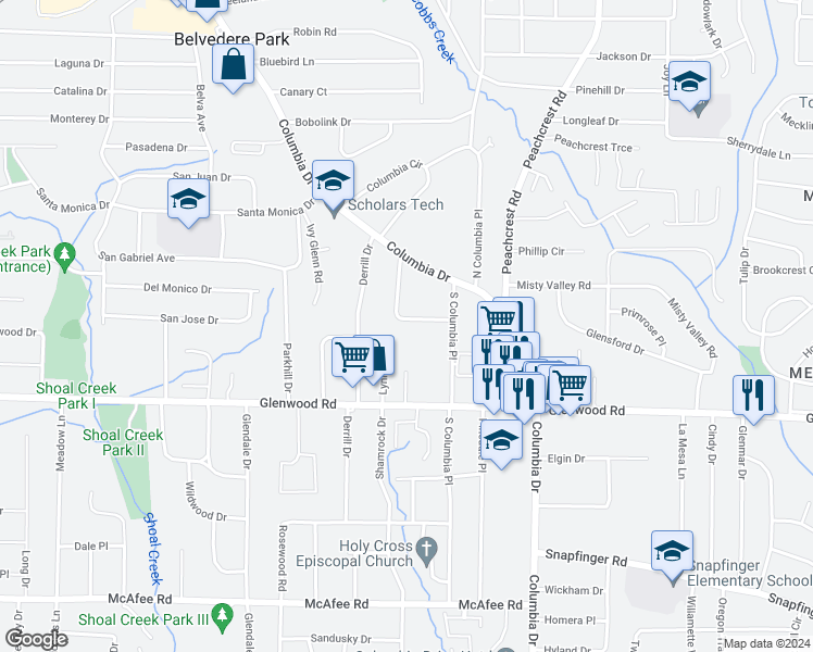 map of restaurants, bars, coffee shops, grocery stores, and more near 1749 McKenzie Drive in Decatur