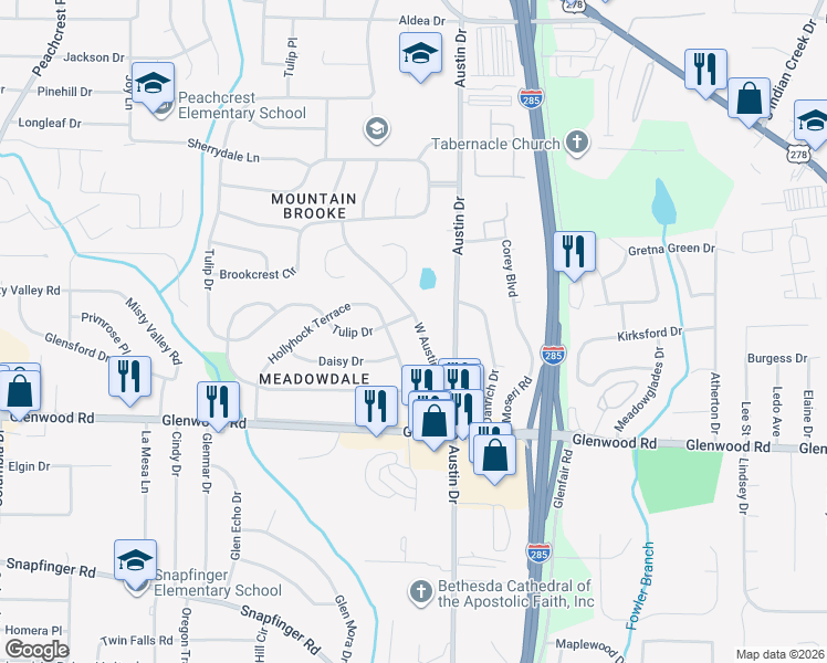 map of restaurants, bars, coffee shops, grocery stores, and more near 1777 West Austin Road in Decatur