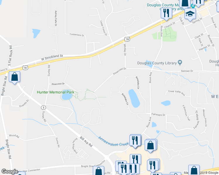 map of restaurants, bars, coffee shops, grocery stores, and more near 7105 Secret Rose in Douglasville