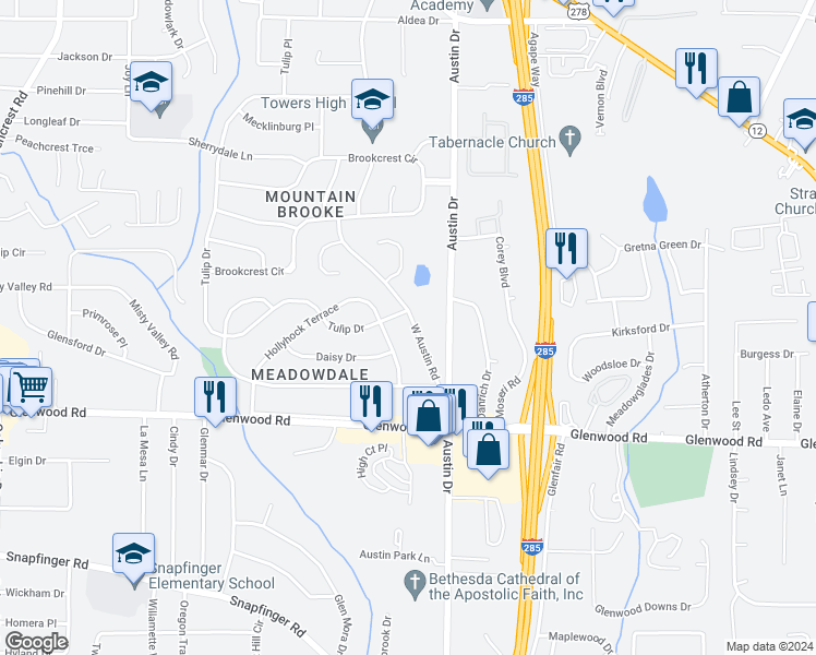 map of restaurants, bars, coffee shops, grocery stores, and more near 1777 West Austin Road in Decatur