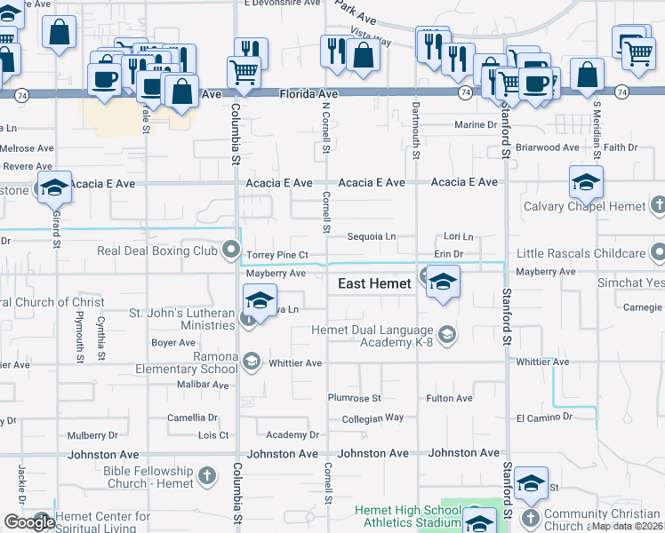 map of restaurants, bars, coffee shops, grocery stores, and more near 41272 Mayberry Avenue in Hemet