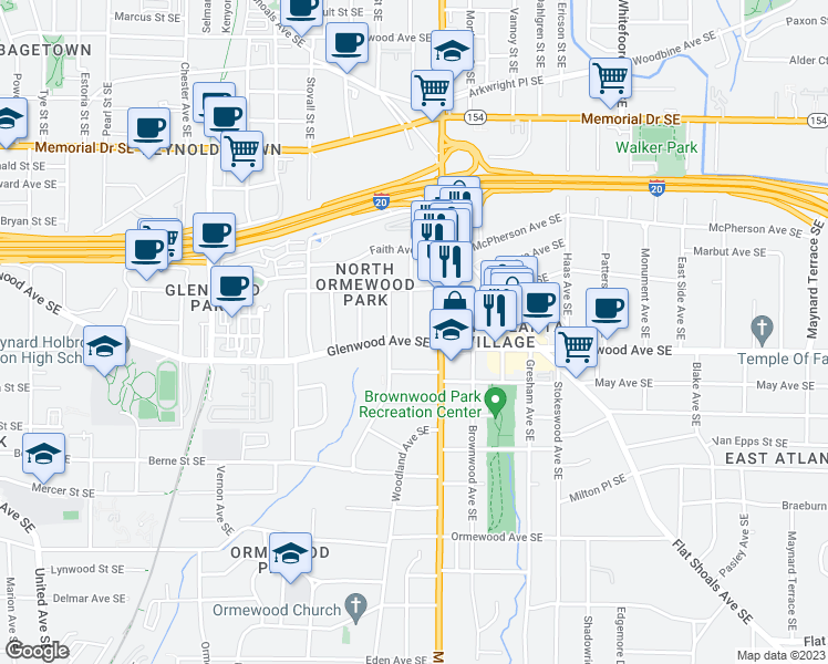map of restaurants, bars, coffee shops, grocery stores, and more near 1128 Glenwood Avenue Southeast in Atlanta