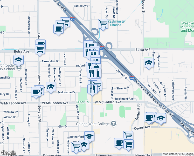 map of restaurants, bars, coffee shops, grocery stores, and more near 15216 Goldenwest Street in Westminster