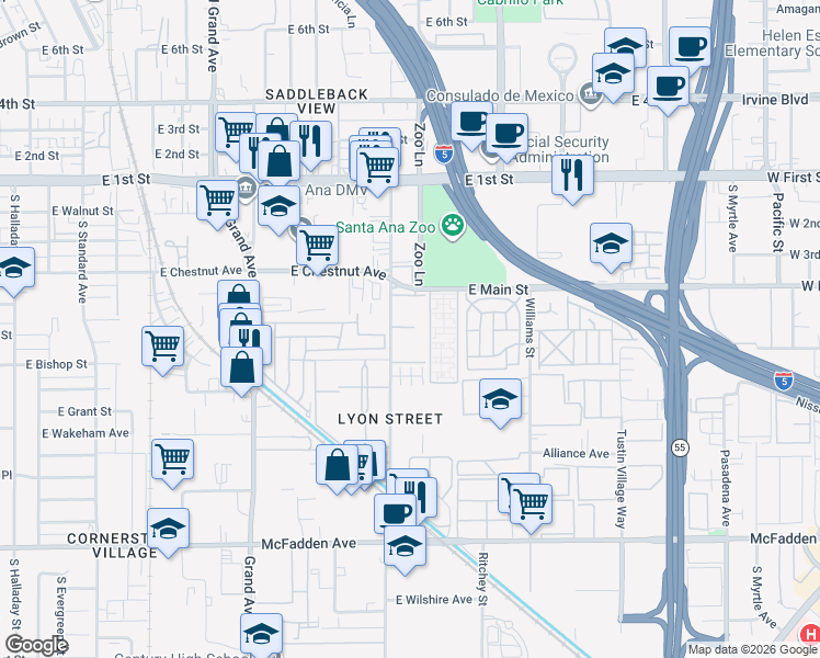 map of restaurants, bars, coffee shops, grocery stores, and more near 521 South Lyon Street in Santa Ana