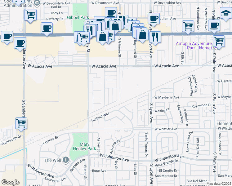map of restaurants, bars, coffee shops, grocery stores, and more near 2205 West Acacia Avenue in Hemet