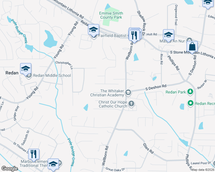 map of restaurants, bars, coffee shops, grocery stores, and more near 5977 Duren Meadows Dr in Lithonia
