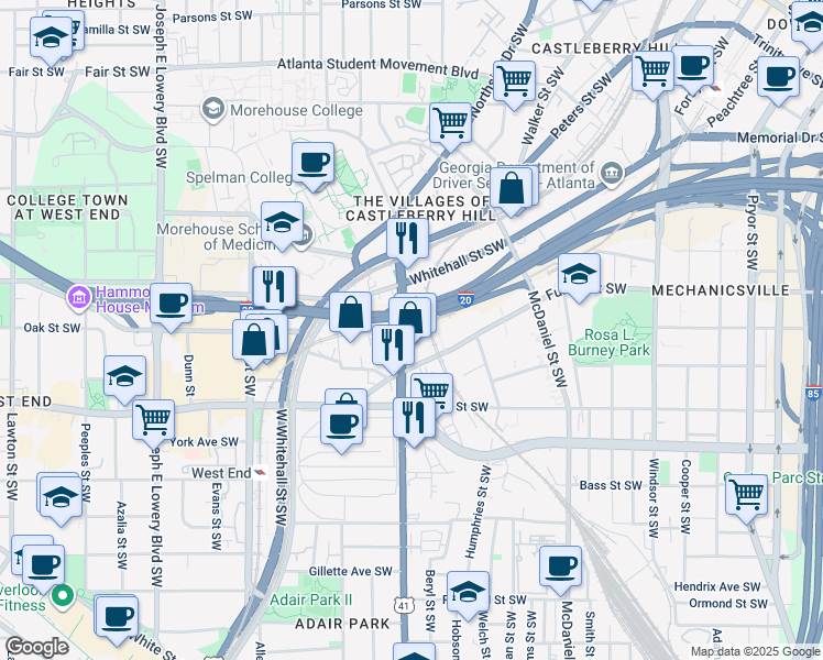 map of restaurants, bars, coffee shops, grocery stores, and more near 520 Northside Drive Southwest in Atlanta