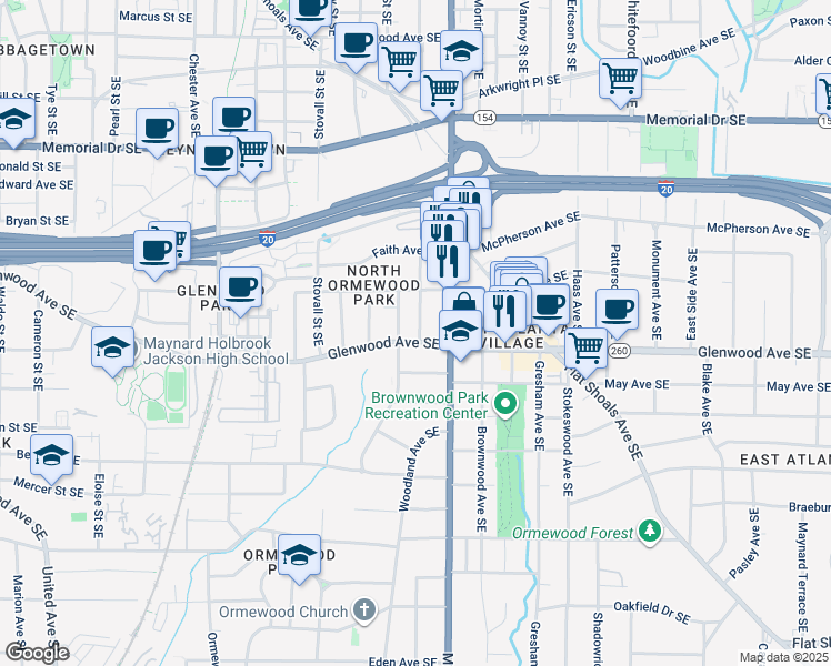 map of restaurants, bars, coffee shops, grocery stores, and more near 1118 Glenwood Avenue Southeast in Atlanta